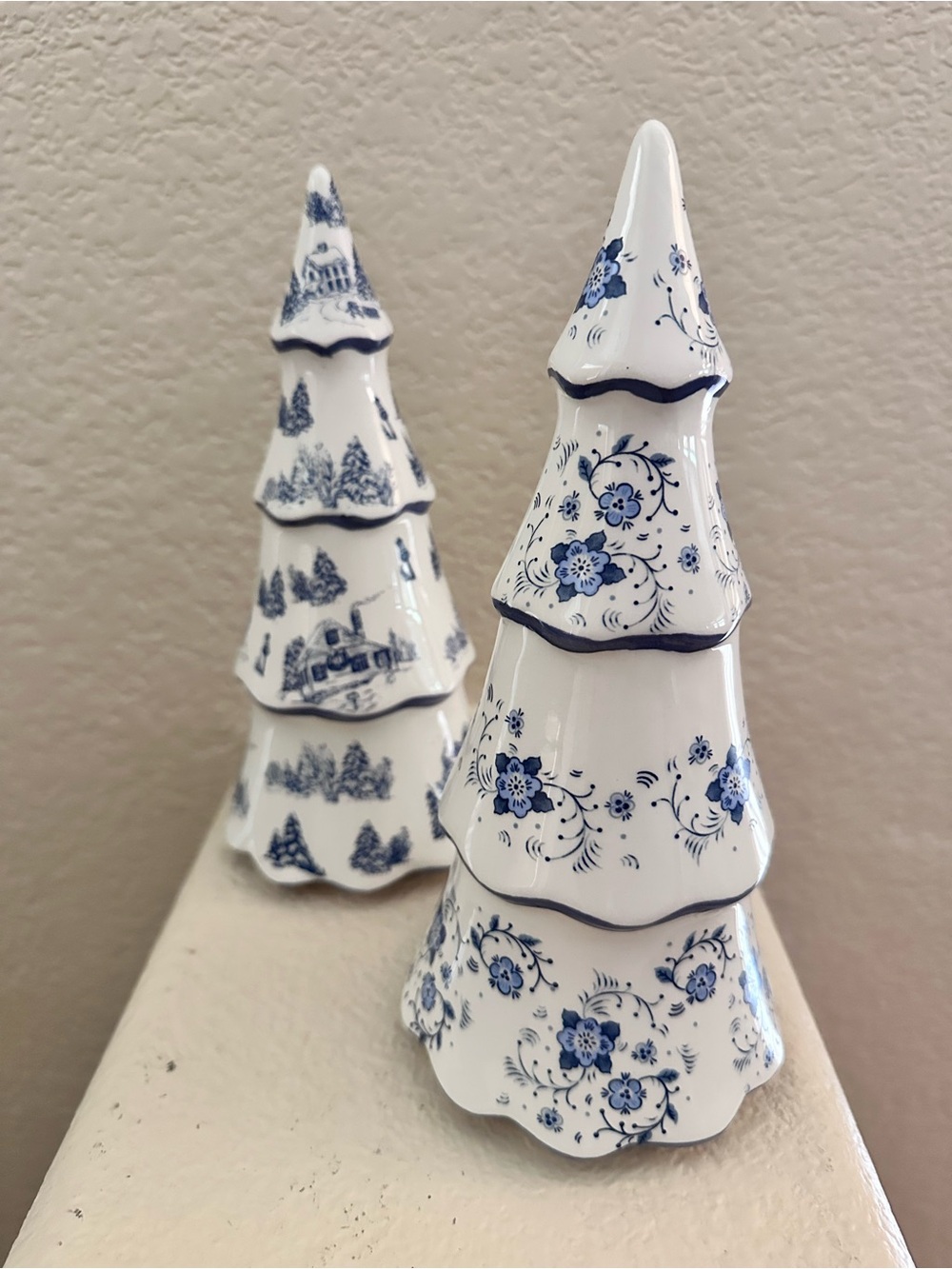 White and Blue Ceramic Decorative Tree - Classic Floral Holiday Accent